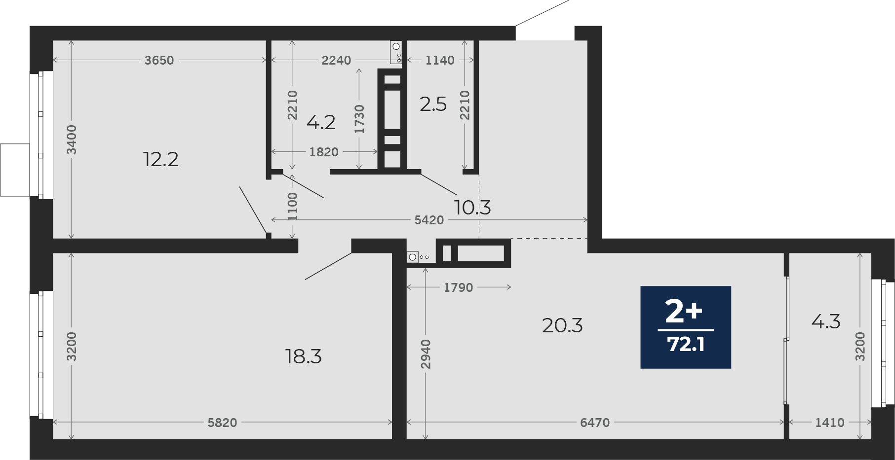 Квартира № 418, 2-комнатная, 73.4 кв. м, 18 этаж