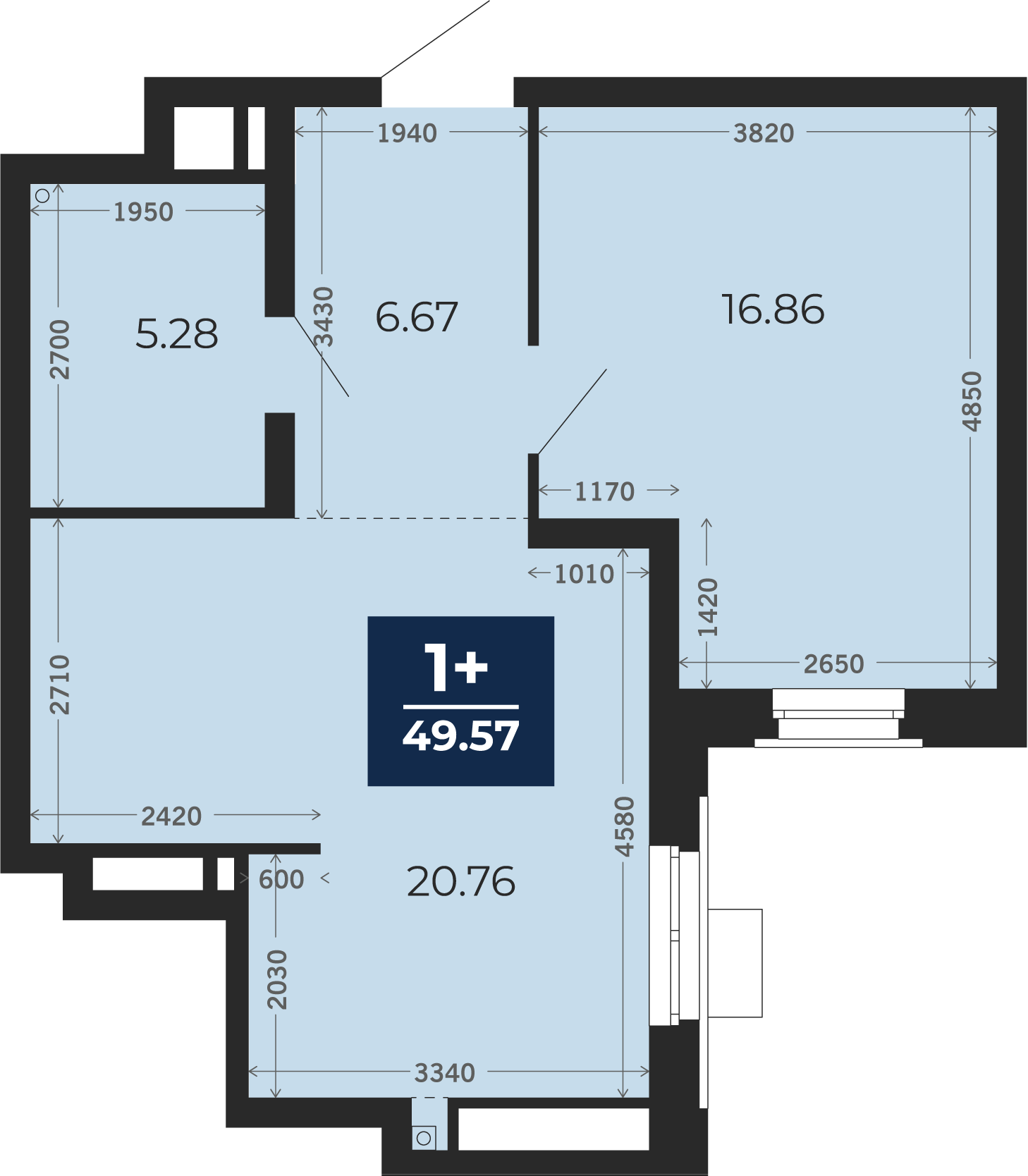 Квартира № 238, 1-комнатная, 49.57 кв. м, 19 этаж