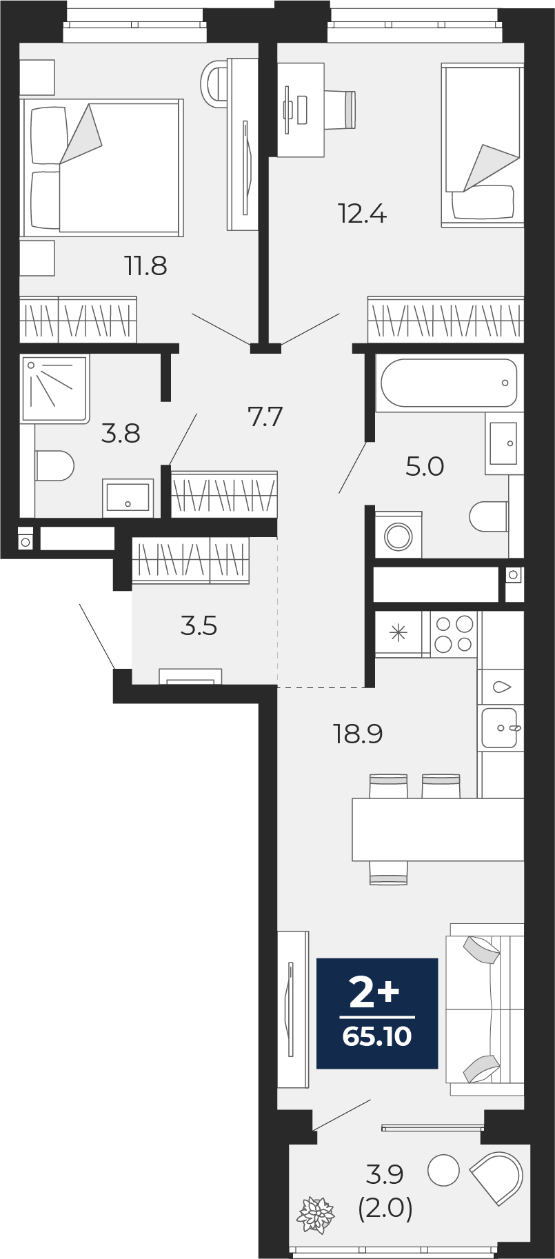 Квартира № 207, 2-комнатная, 67 кв. м, 16 этаж