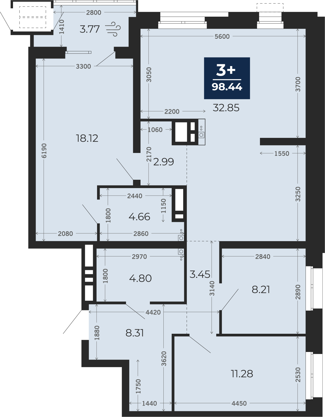 Квартира № 2, 3-комнатная, 98.44 кв. м, 2 этаж