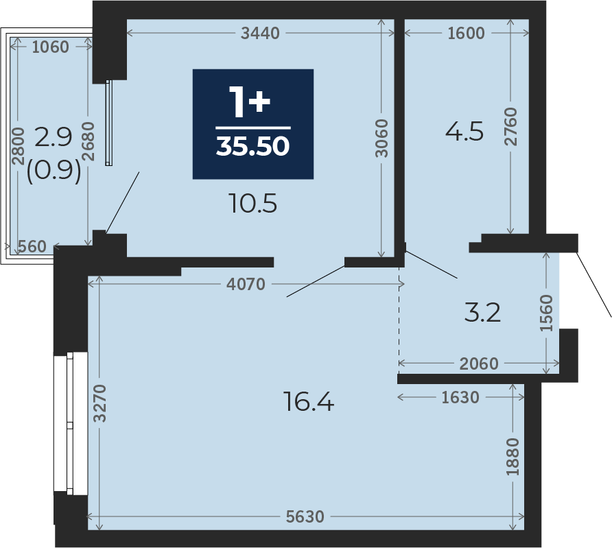 Квартира № 455, 1-комнатная, 37.5 кв. м, 13 этаж