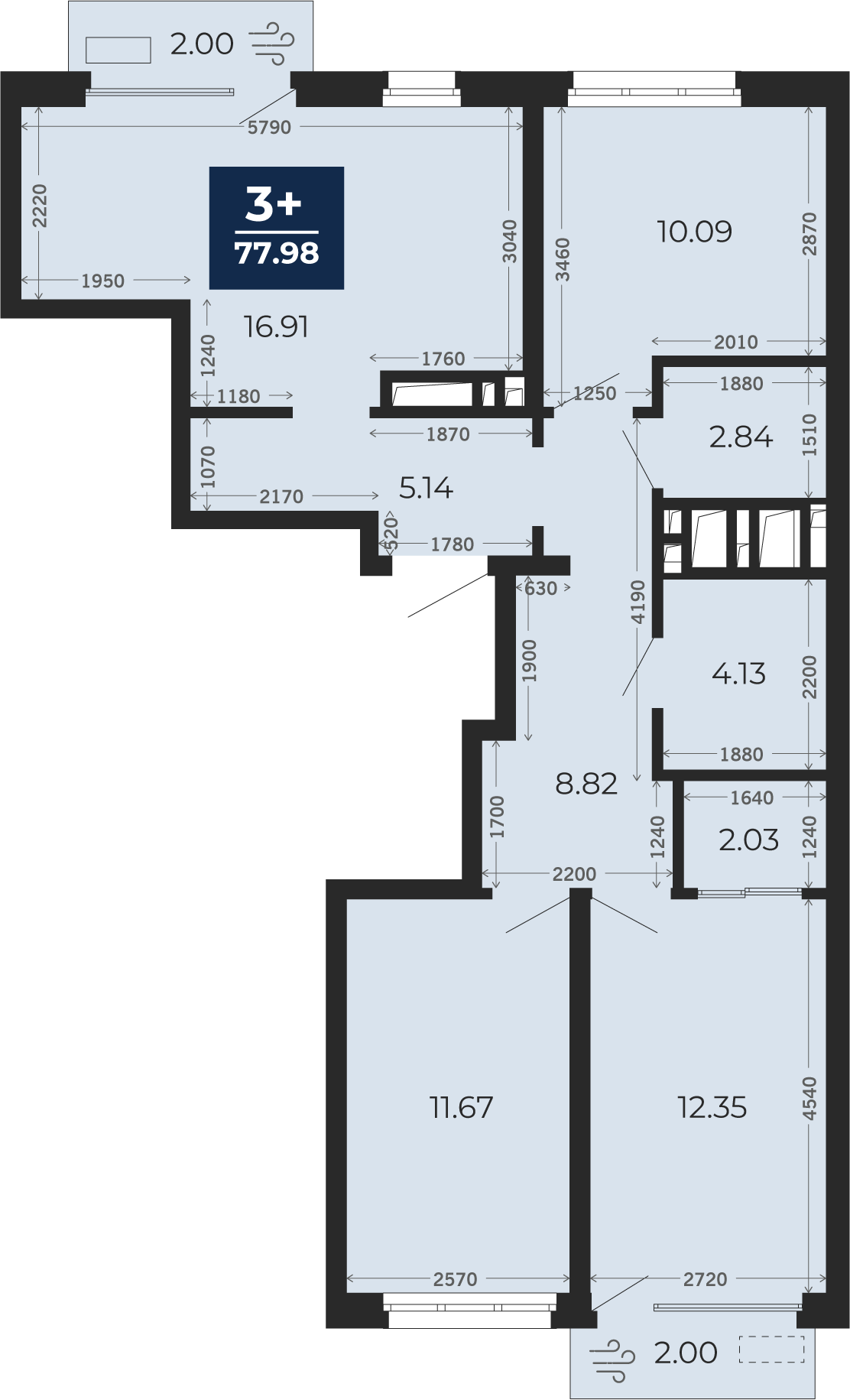 Квартира № 596, 3-комнатная, 77.98 кв. м, 18 этаж