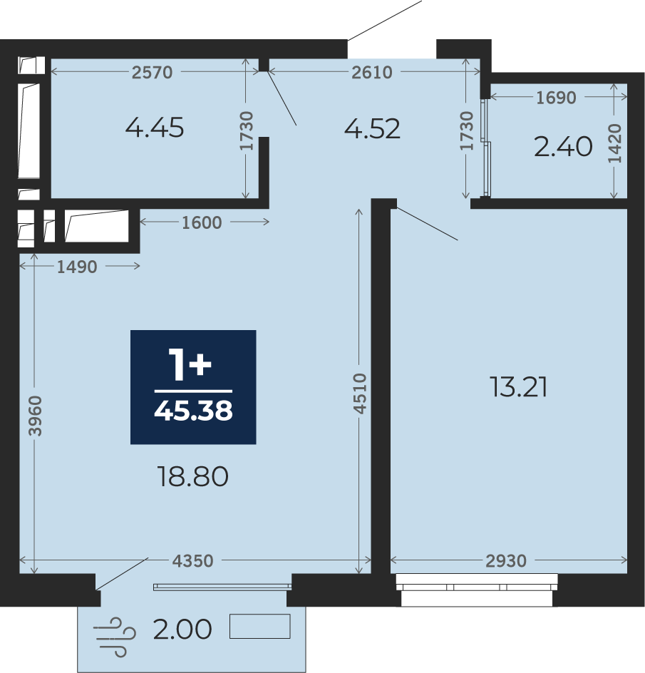 Квартира № 598, 1-комнатная, 45.38 кв. м, 18 этаж