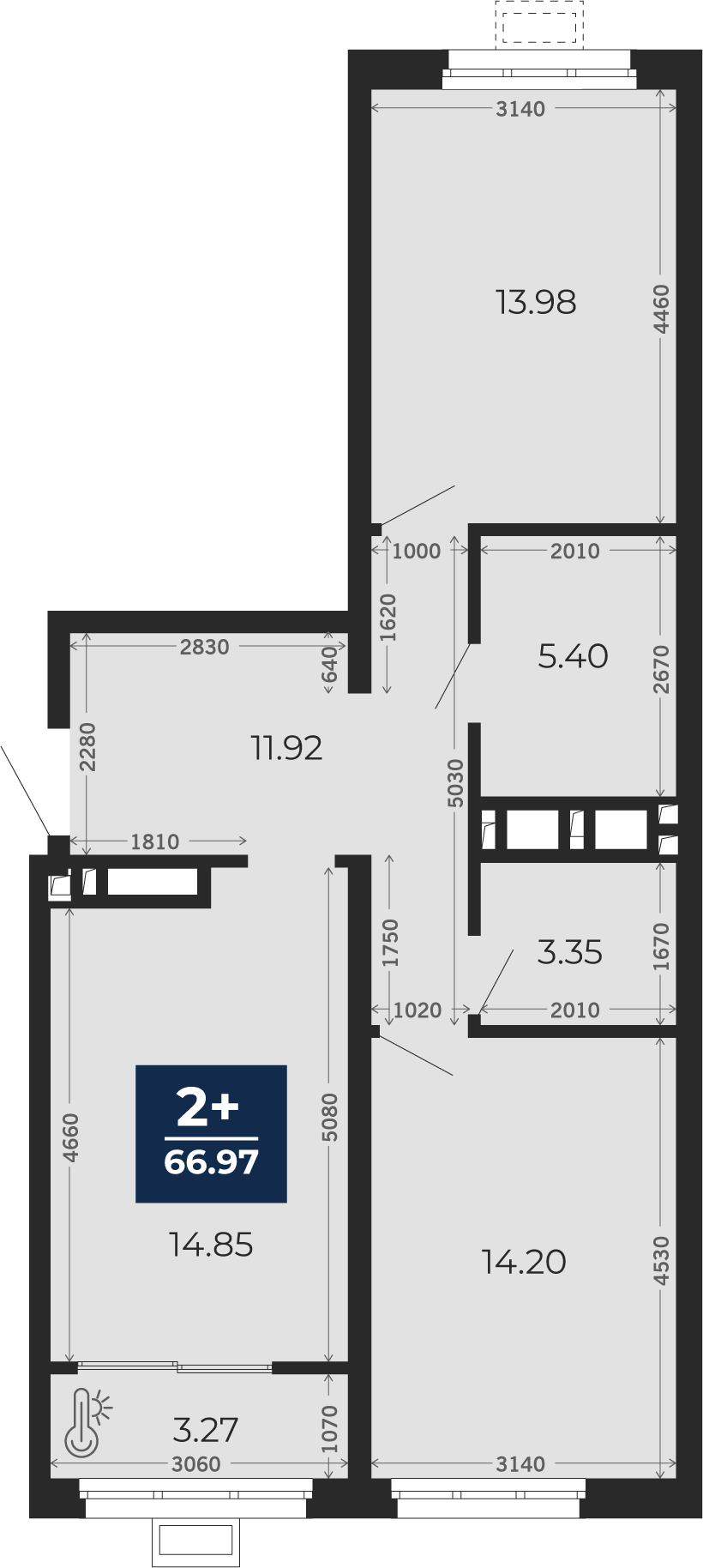 Квартира № 802, 2-комнатная, 66.97 кв. м, 9 этаж
