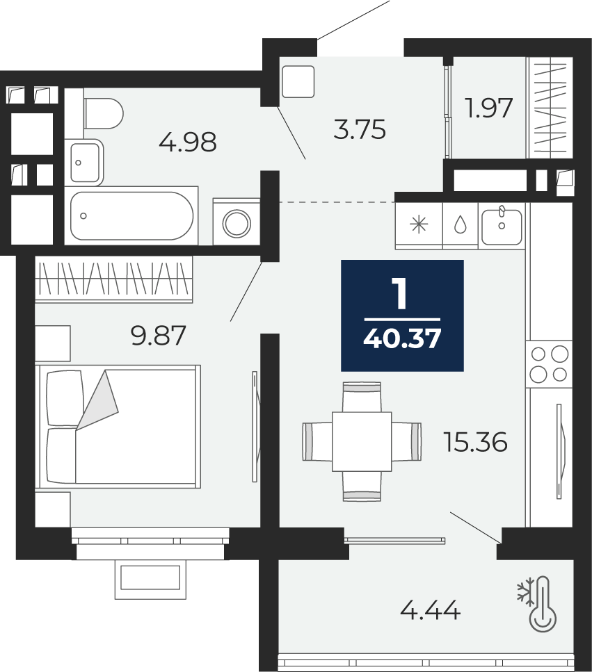 Квартира № 214, 1-комнатная, 40.37 кв. м, 5 этаж
