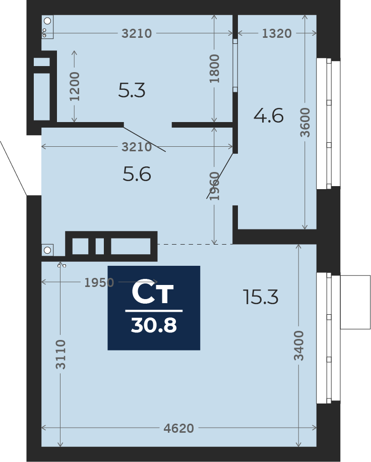 Квартира № 424, Студия, 31.39 кв. м, 19 этаж