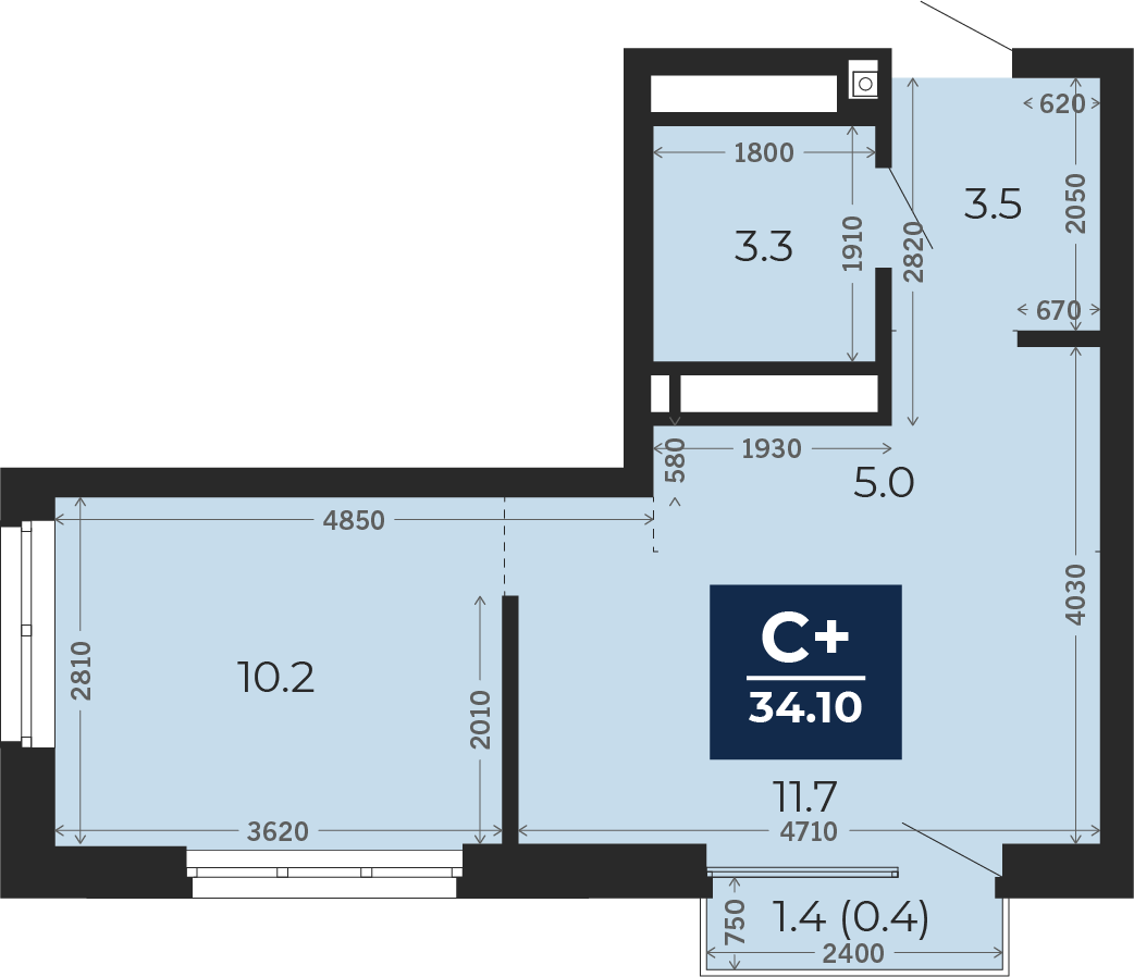 Квартира № 95, Студия, 35.1 кв. м, 18 этаж