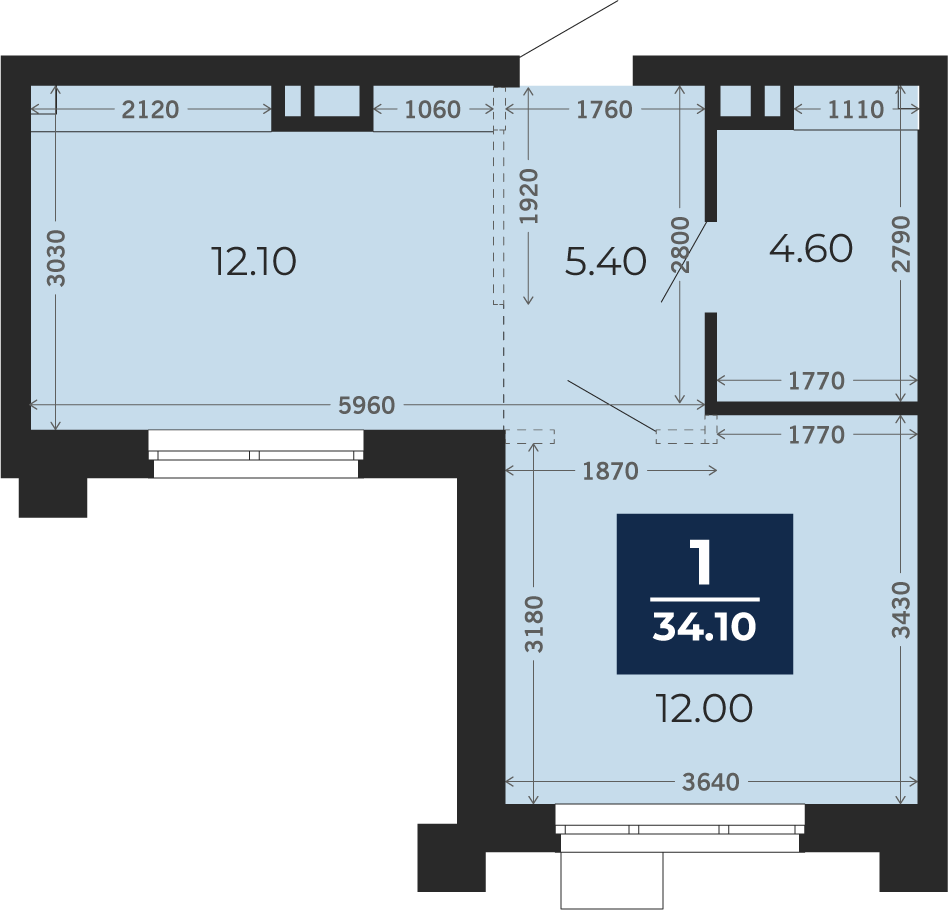 Квартира № 45, 1-комнатная, 34.1 кв. м, 9 этаж