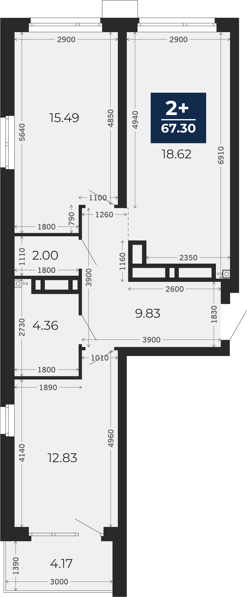 Квартира № 309, 2-комнатная, 67.3 кв. м, 21 этаж