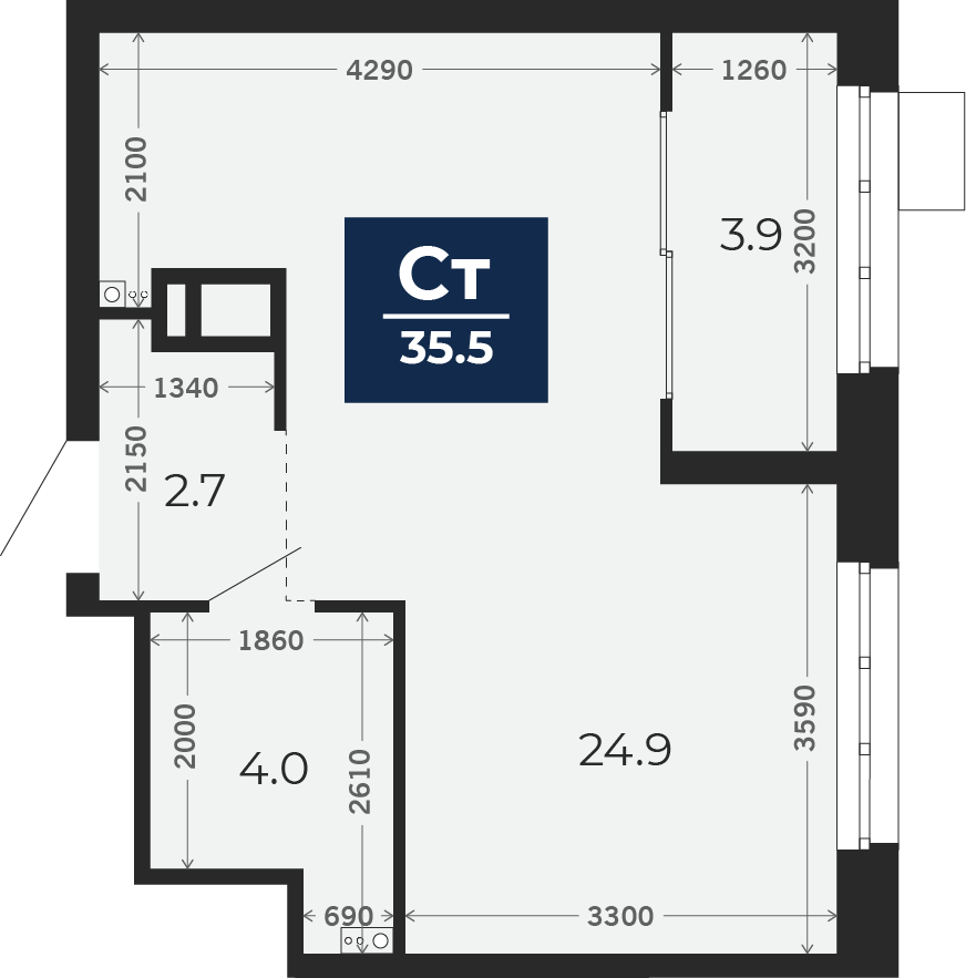 Квартира № 235, Студия, 36.1 кв. м, 3 этаж