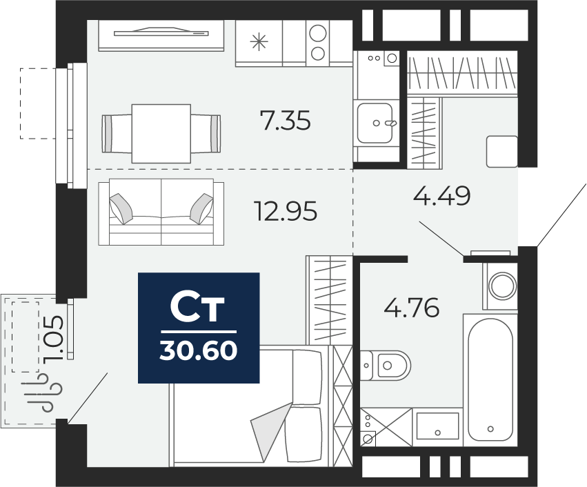 Квартира № 60, Студия, 30.6 кв. м, 9 этаж