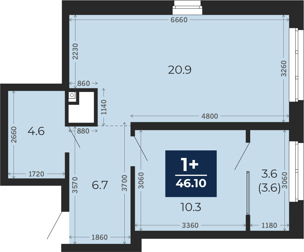Квартира № 464, 1-комнатная, 46.1 кв. м, 14 этаж