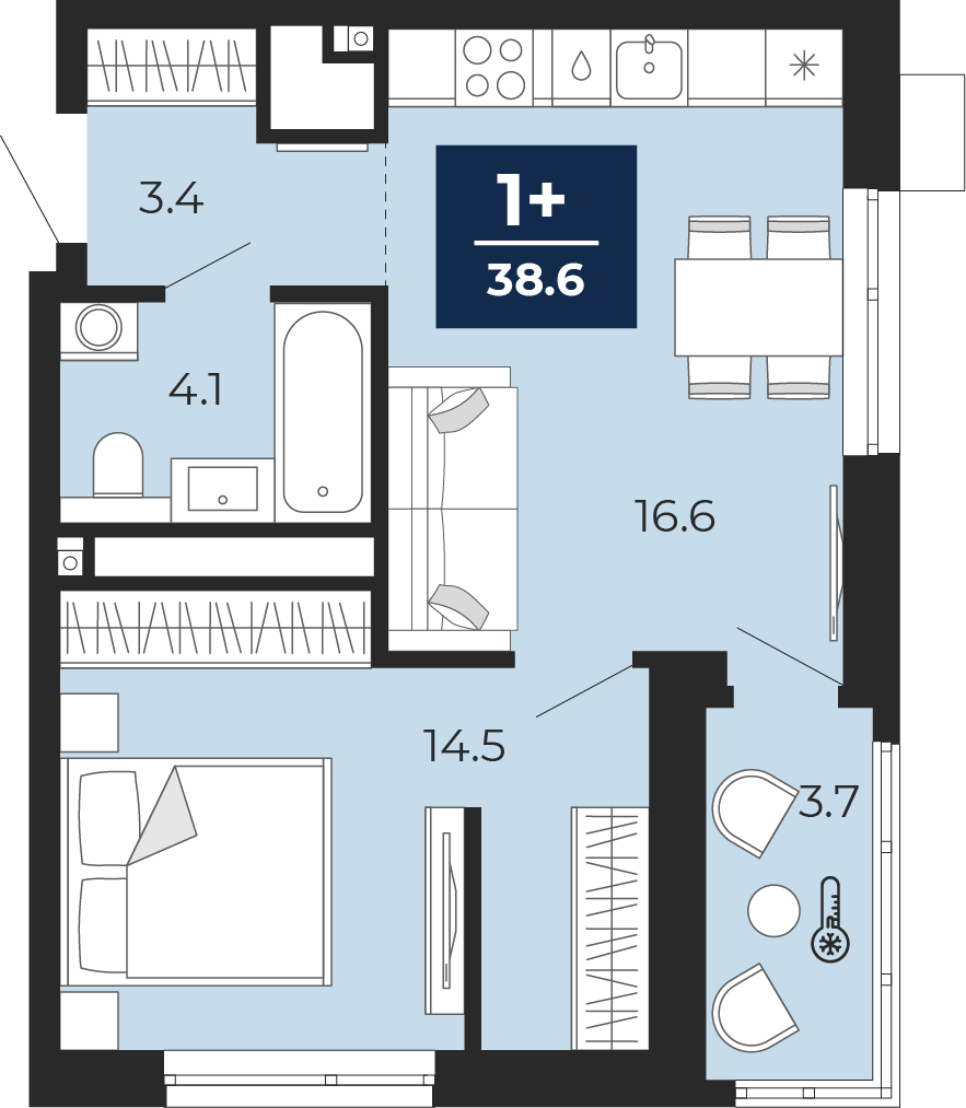 Квартира № 27, 1-комнатная, 43.2 кв. м, 5 этаж