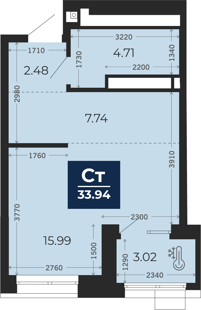Квартира № 13, Студия, 33.94 кв. м, 3 этаж