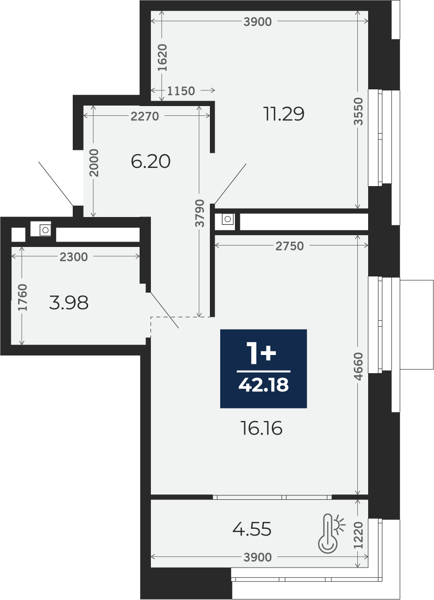 Квартира № 159, 1-комнатная, 42.18 кв. м, 5 этаж
