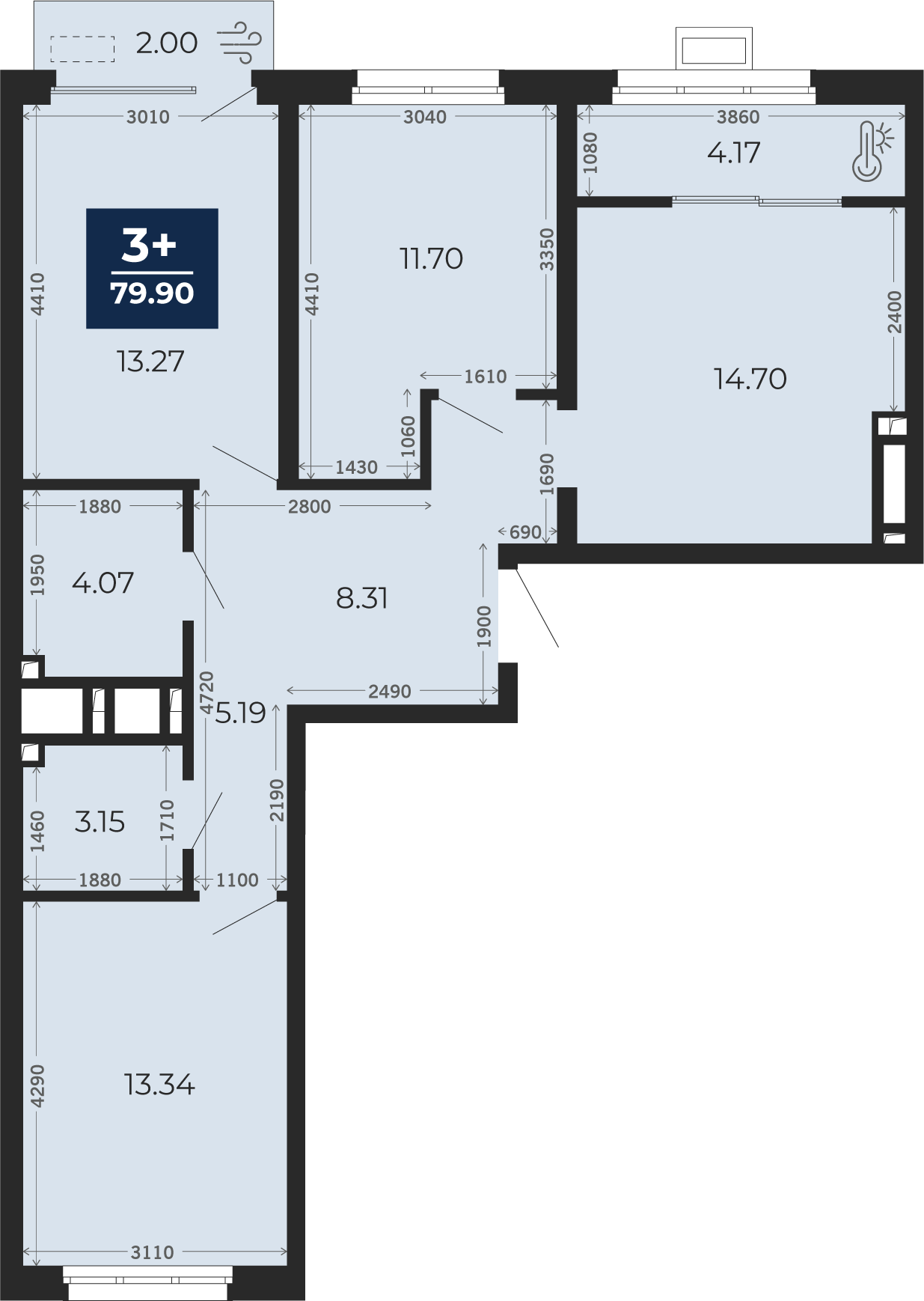 Квартира № 507, 3-комнатная, 79.9 кв. м, 13 этаж