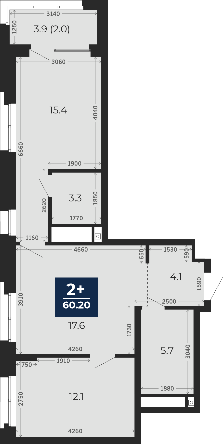 Квартира № 138, 2-комнатная, 62.1 кв. м, 5 этаж