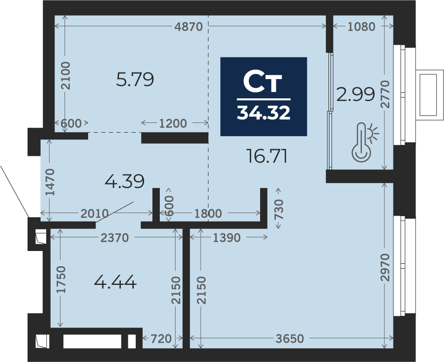 Квартира № 65, Студия, 34.32 кв. м, 11 этаж