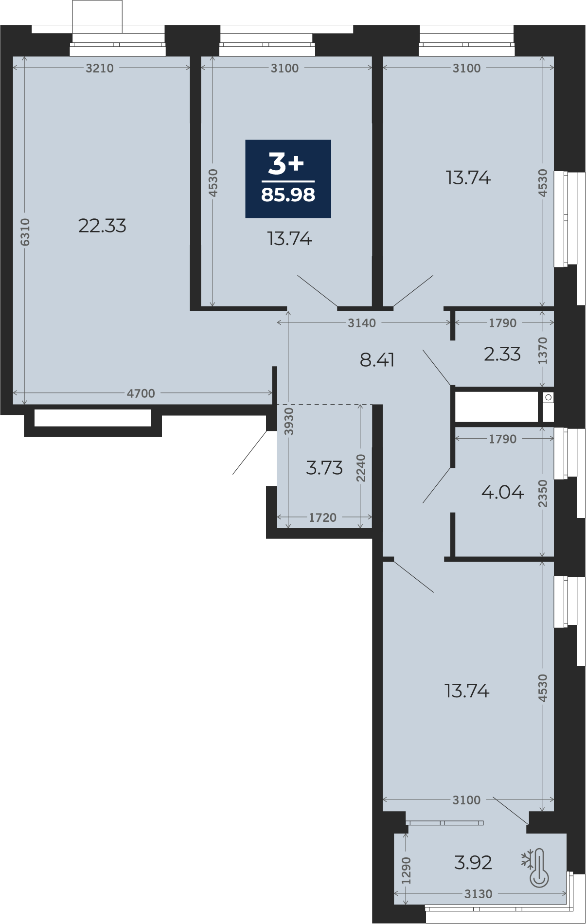 Квартира № 65, 3-комнатная, 85.98 кв. м, 2 этаж