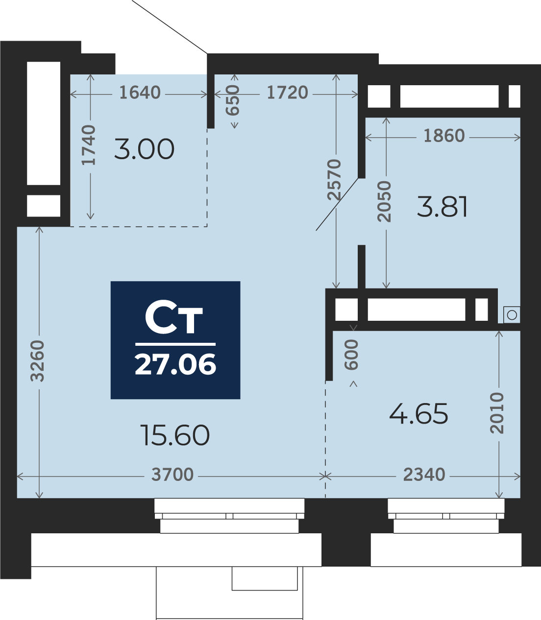 Квартира № 209, Студия, 27.06 кв. м, 22 этаж