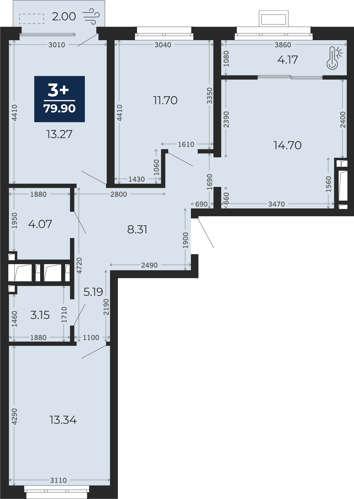Квартира № 599, 3-комнатная, 79.9 кв. м, 18 этаж