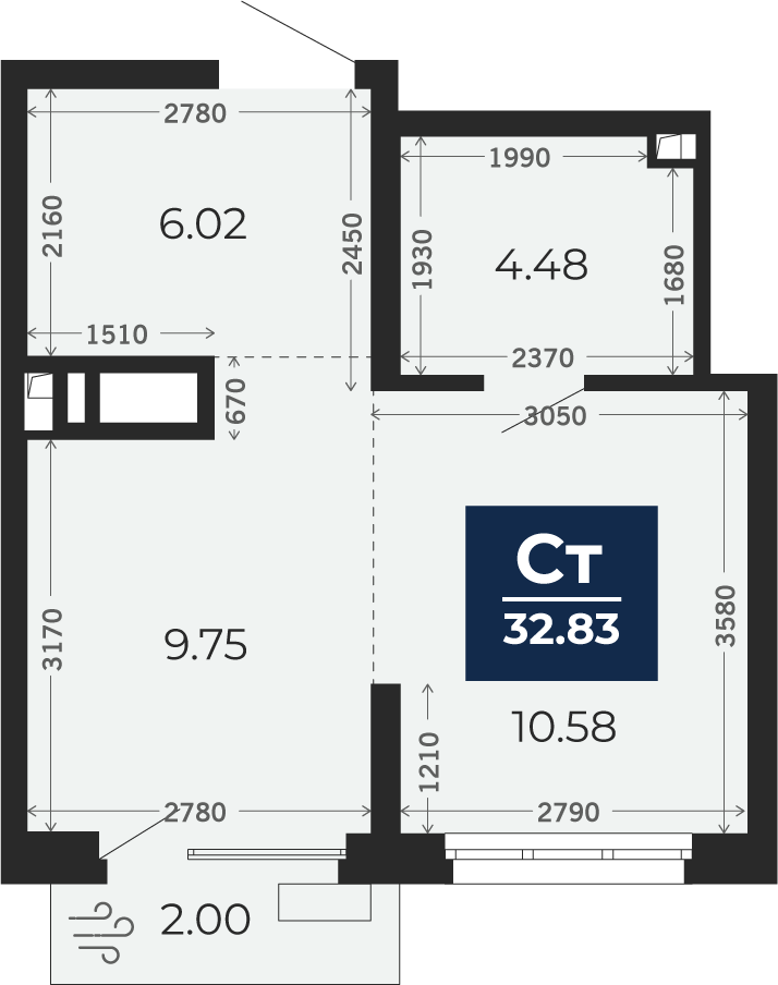 Квартира № 996, Студия, 32.83 кв. м, 16 этаж