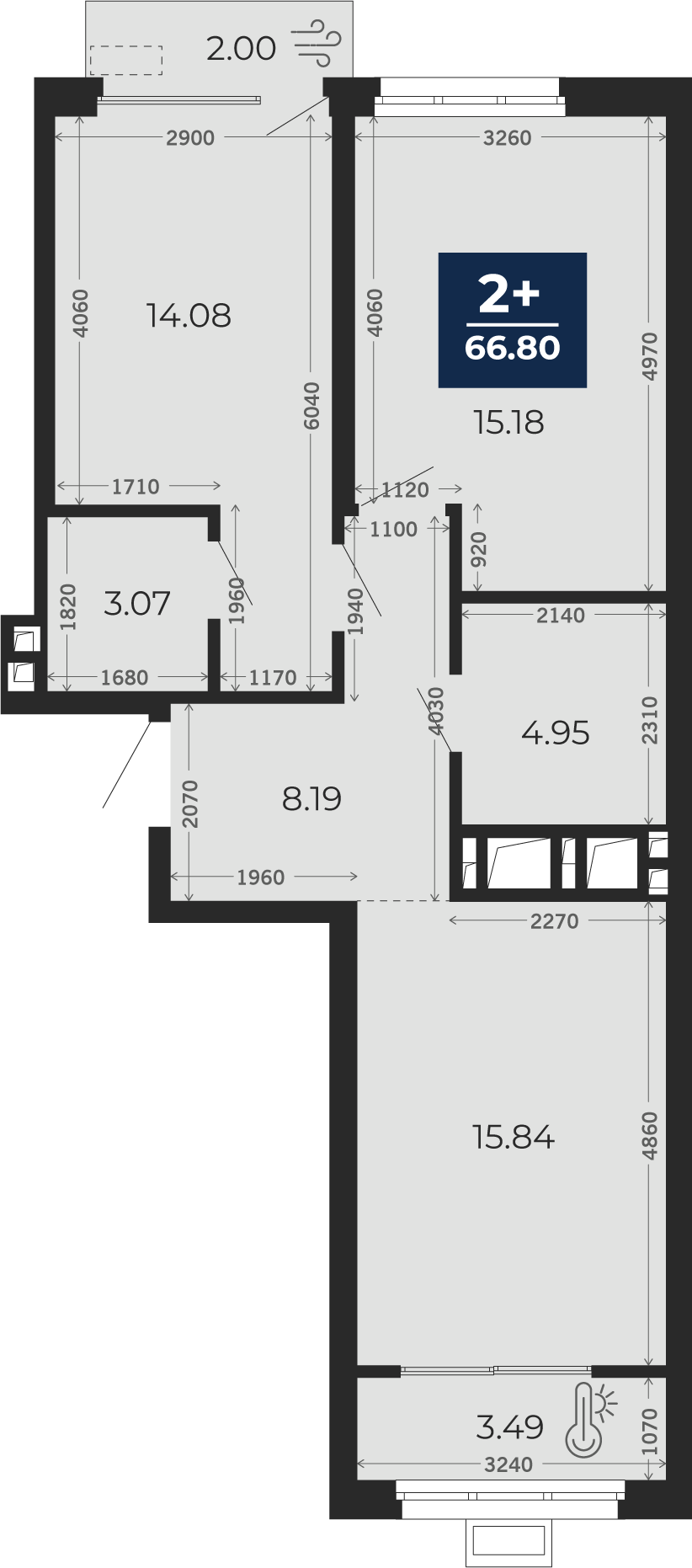 Квартира № 122, 2-комнатная, 66.8 кв. м, 16 этаж