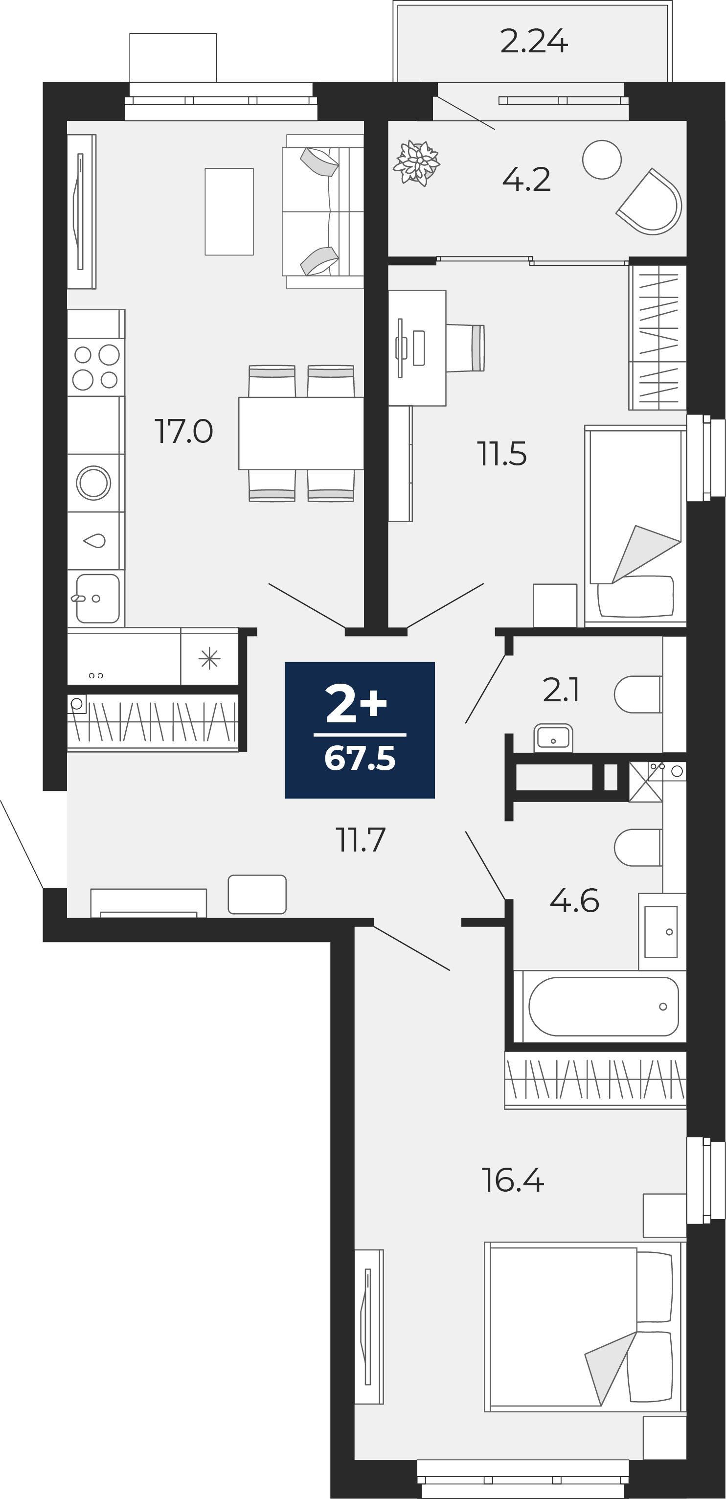 Квартира № 331, 2-комнатная, 71.23 кв. м, 6 этаж
