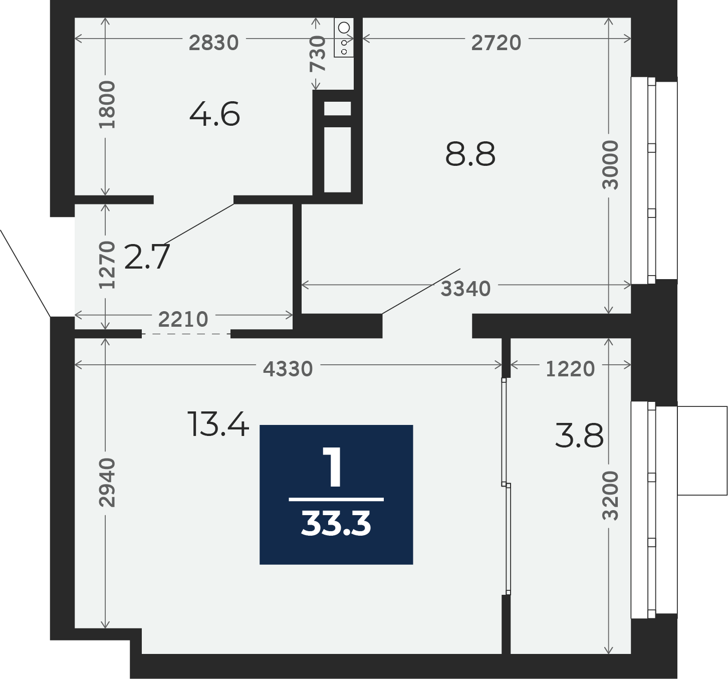 Квартира № 332, 1-комнатная, 33.96 кв. м, 16 этаж