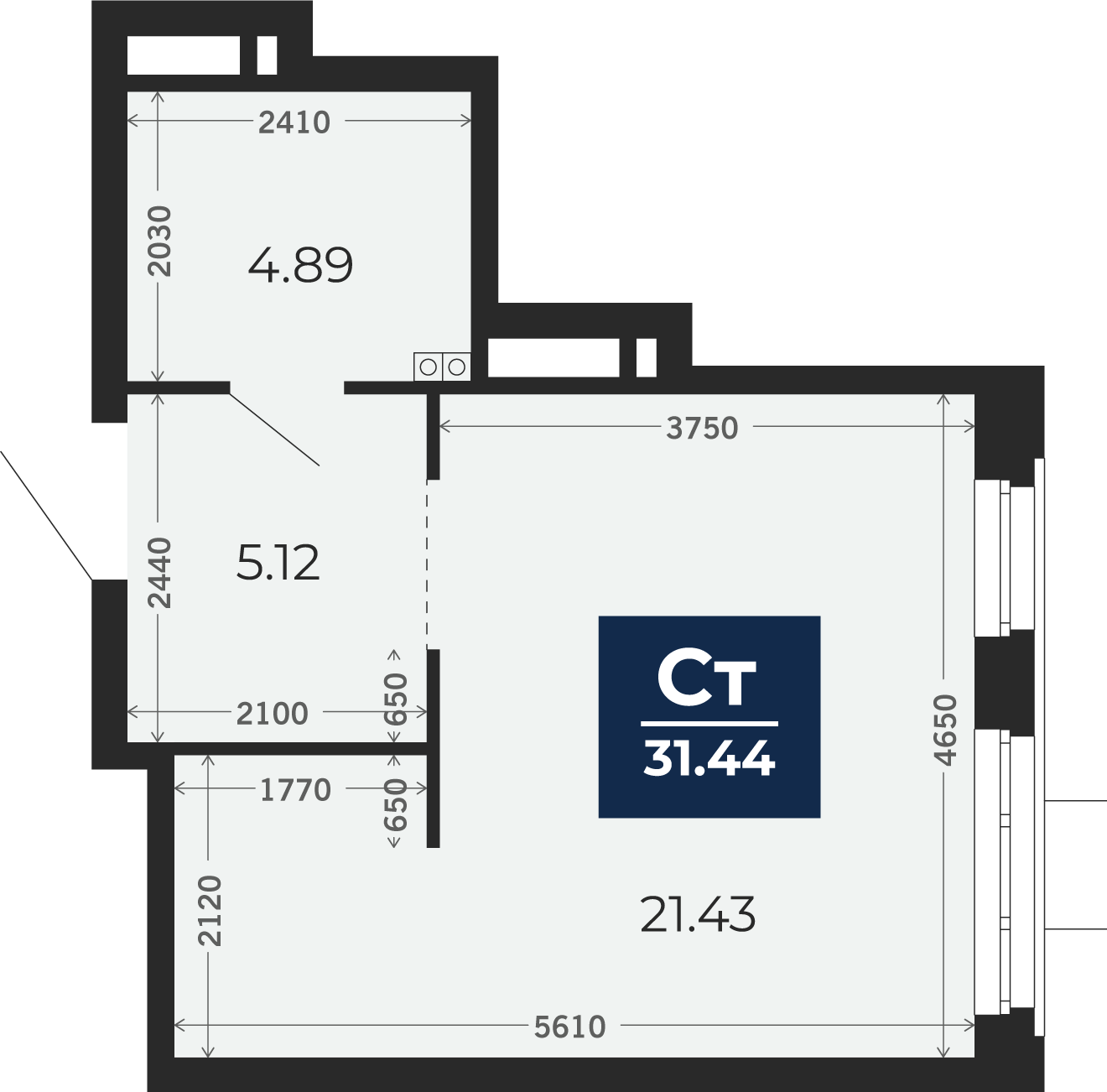 Квартира № 122, Студия, 31.44 кв. м, 6 этаж