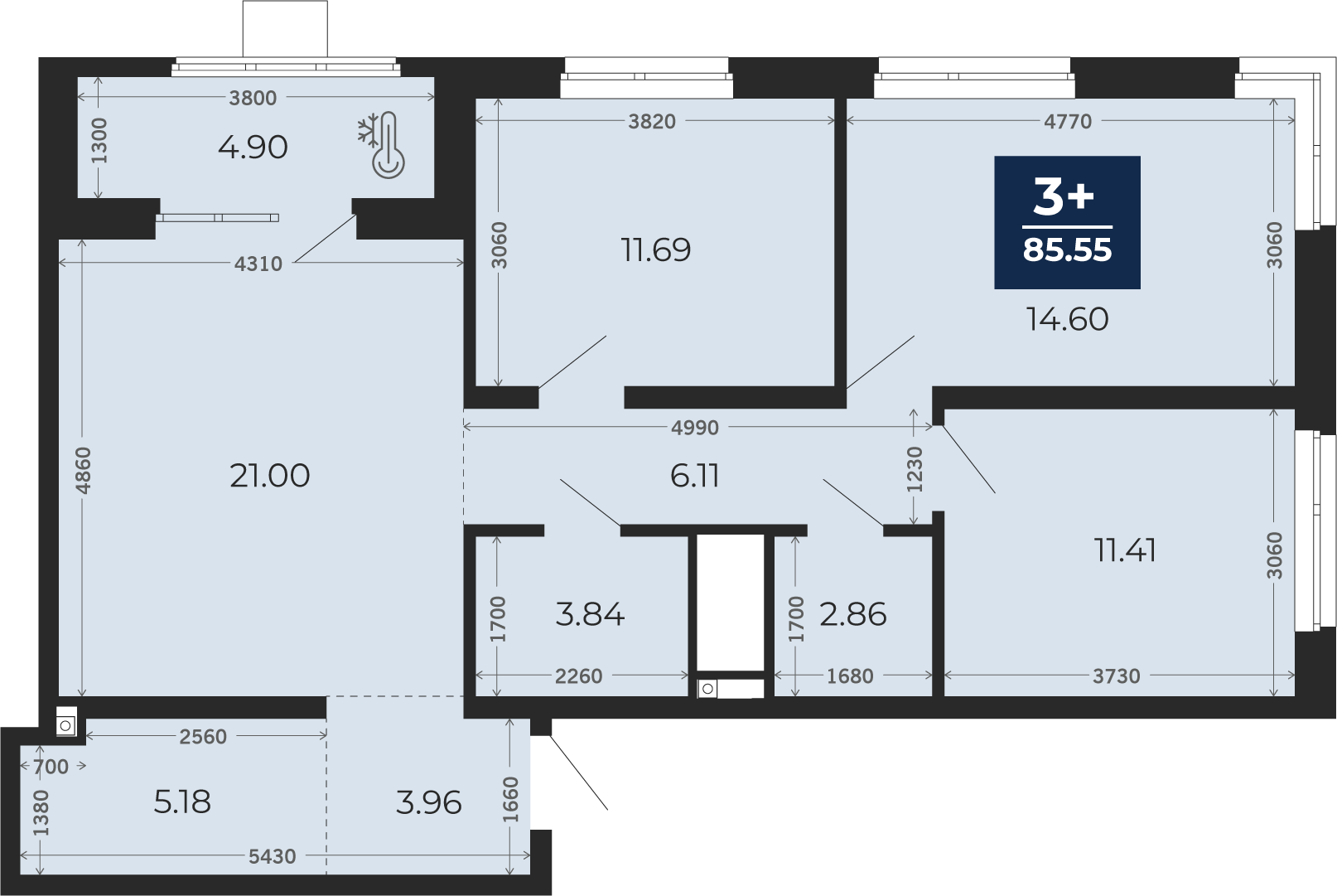 Квартира № 169, 3-комнатная, 85.55 кв. м, 23 этаж