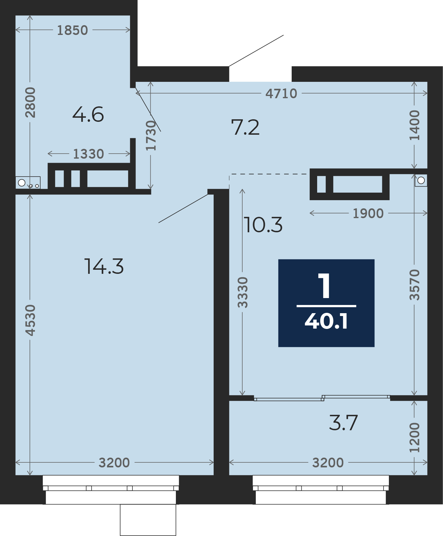 Квартира № 459, 1-комнатная, 41.05 кв. м, 6 этаж