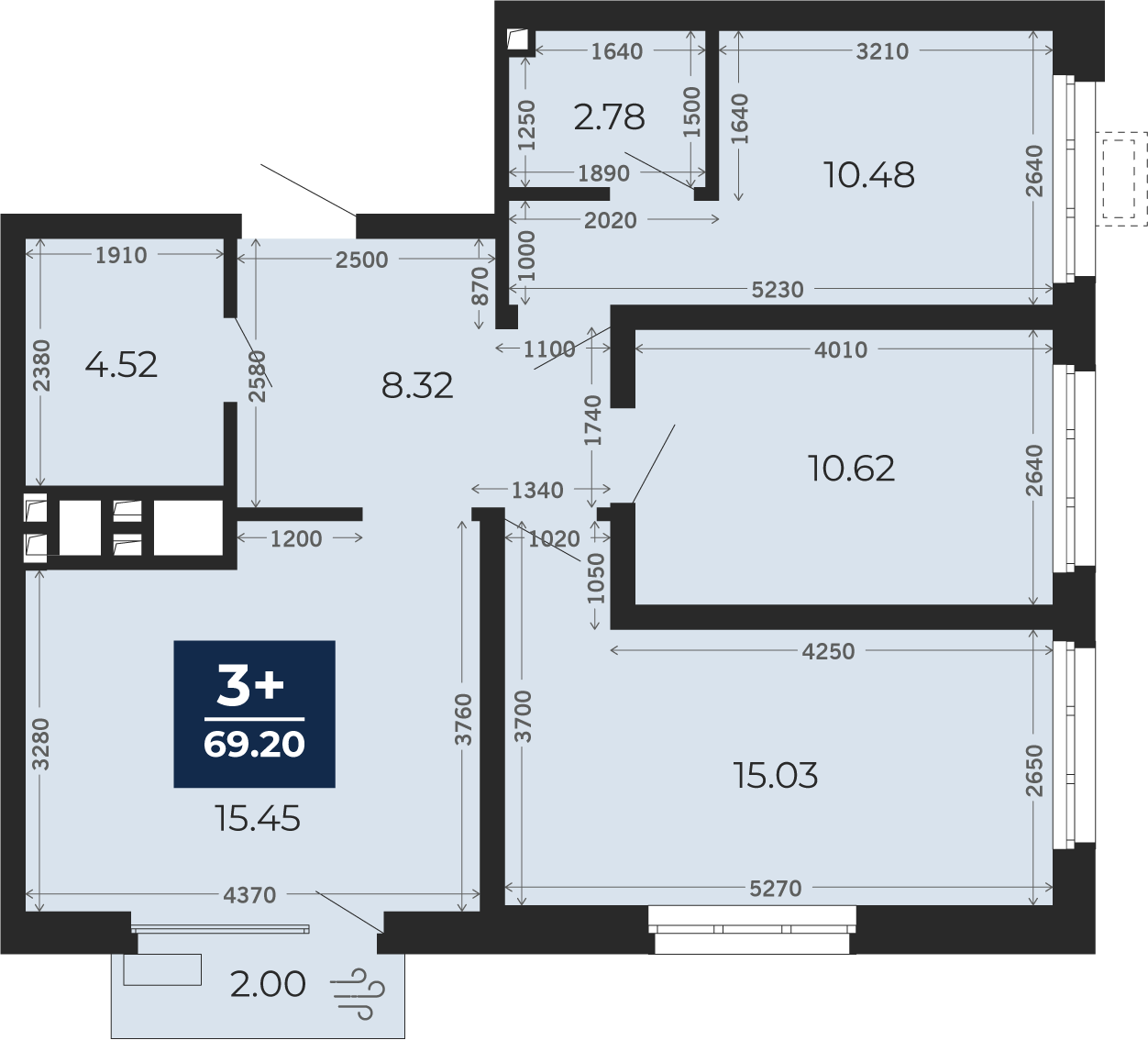 Квартира № 730, 3-комнатная, 69.2 кв. м, 23 этаж