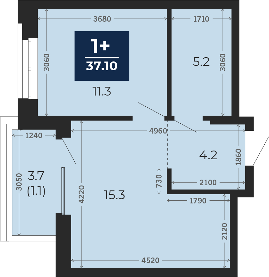 Квартира № 183, 1-комнатная, 39.7 кв. м, 15 этаж