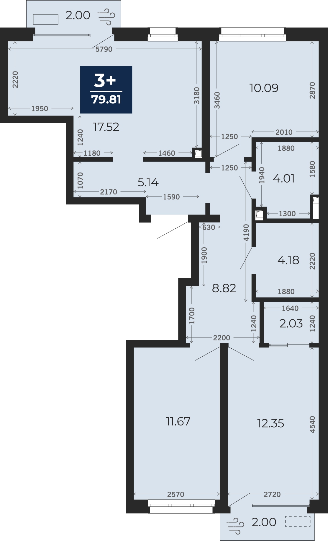Квартира № 460, 3-комнатная, 79.81 кв. м, 2 этаж
