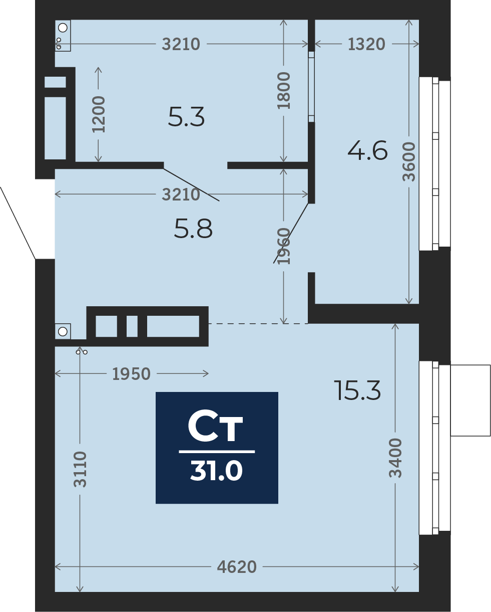 Квартира № 438, Студия, 31.39 кв. м, 21 этаж