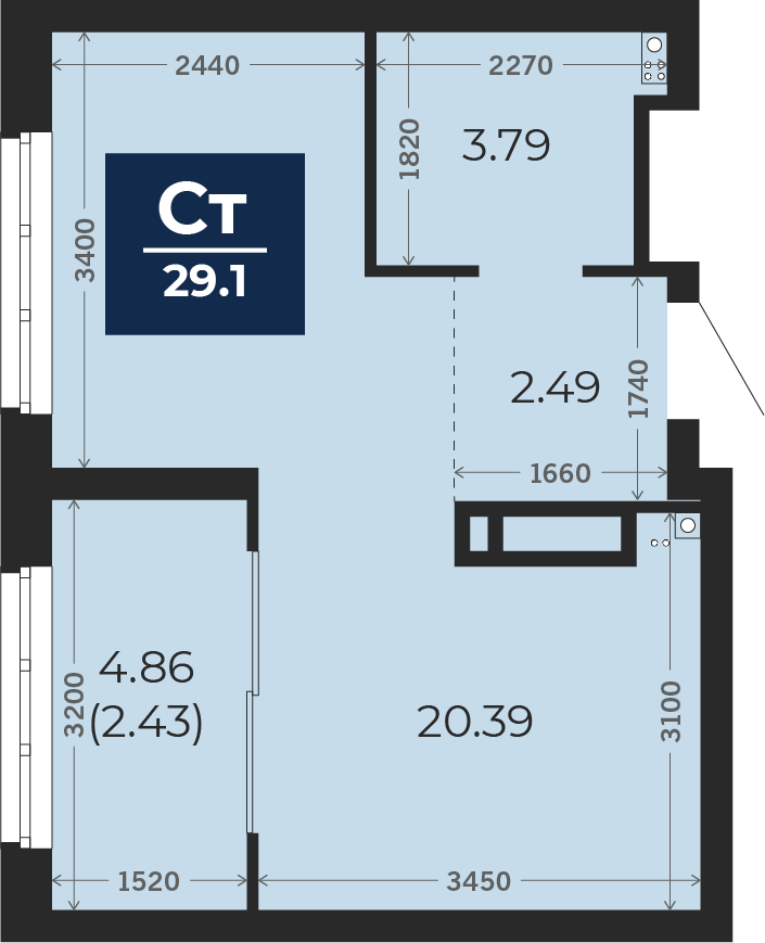 Квартира № 214, Студия, 31.53 кв. м, 22 этаж