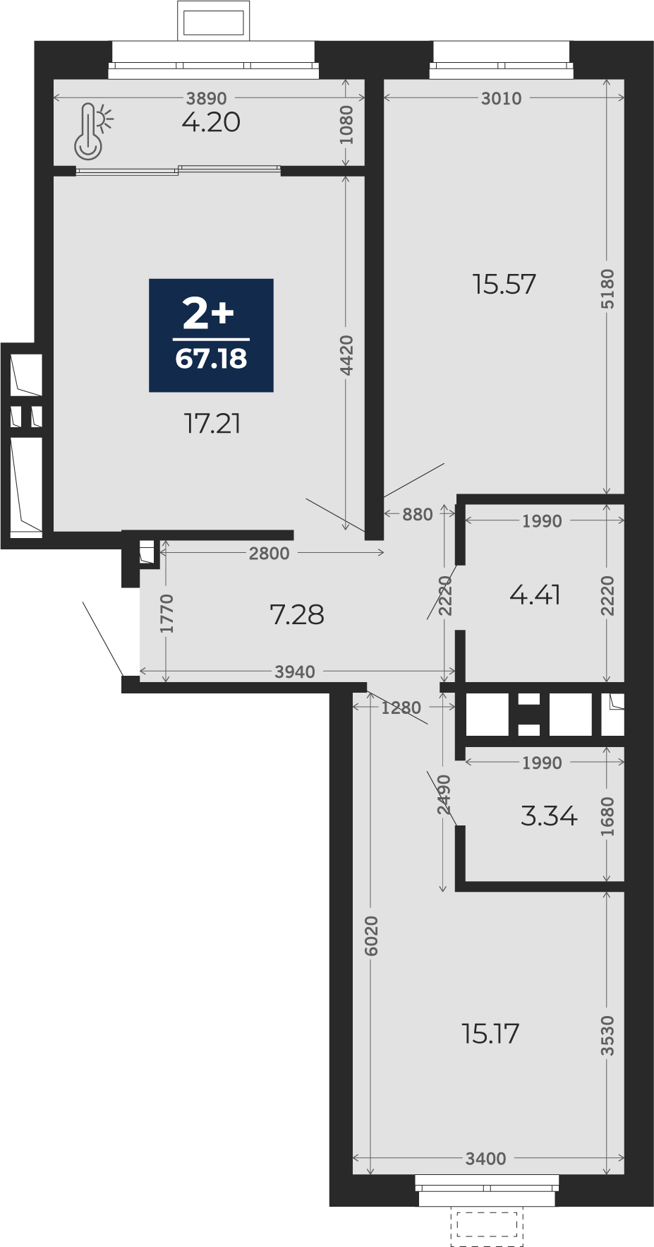 Квартира № 428, 2-комнатная, 67.18 кв. м, 22 этаж
