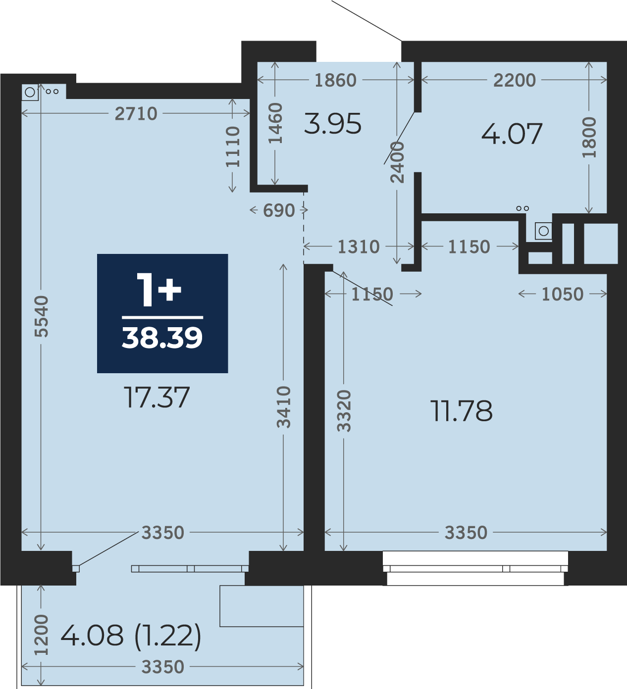 Квартира № 44, 1-комнатная, 41.25 кв. м, 7 этаж