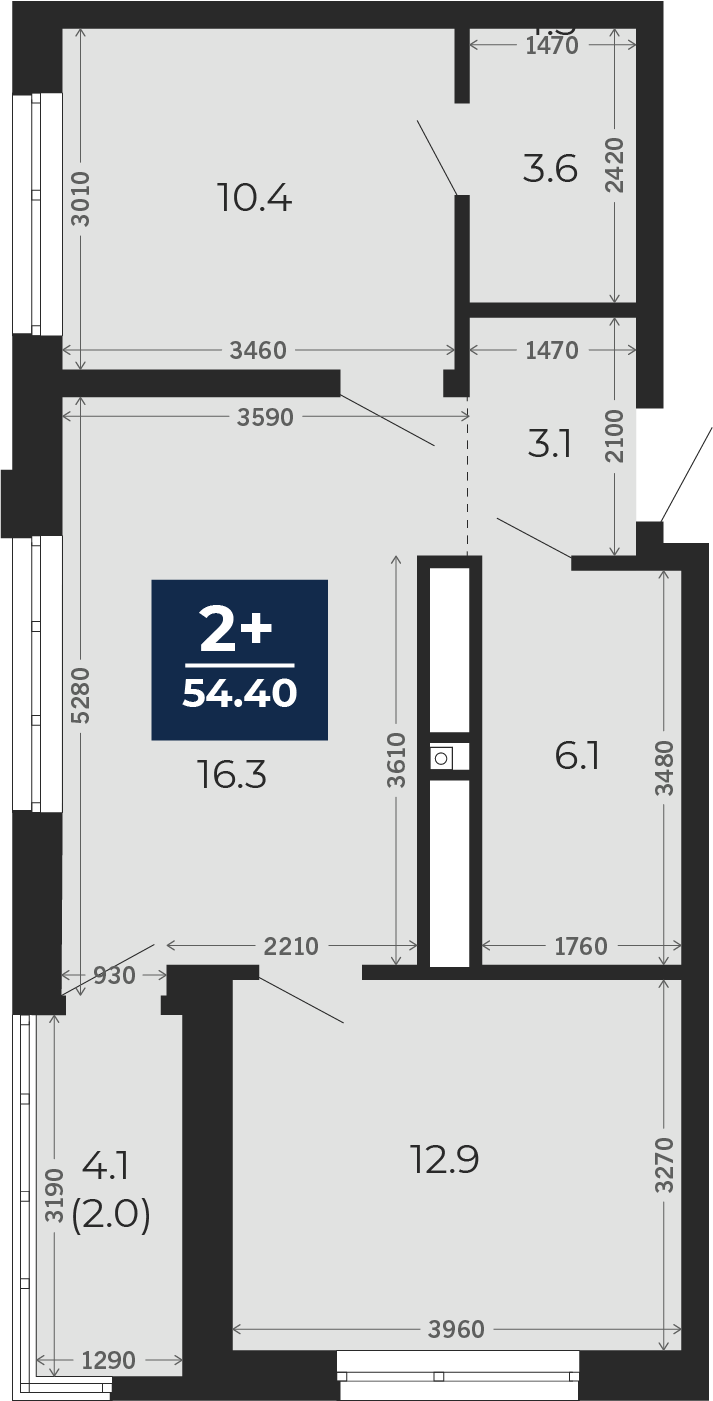 Квартира № 86, 2-комнатная, 56.5 кв. м, 12 этаж