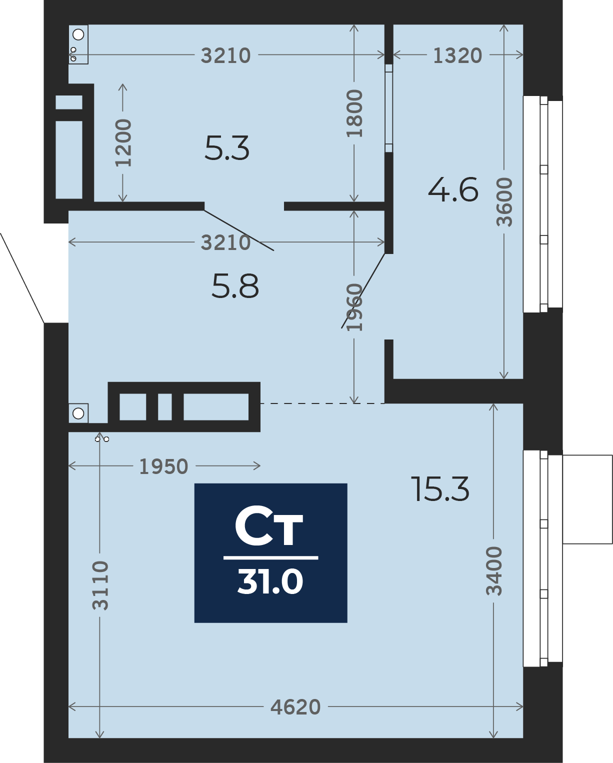 Квартира № 375, Студия, 31.39 кв. м, 12 этаж