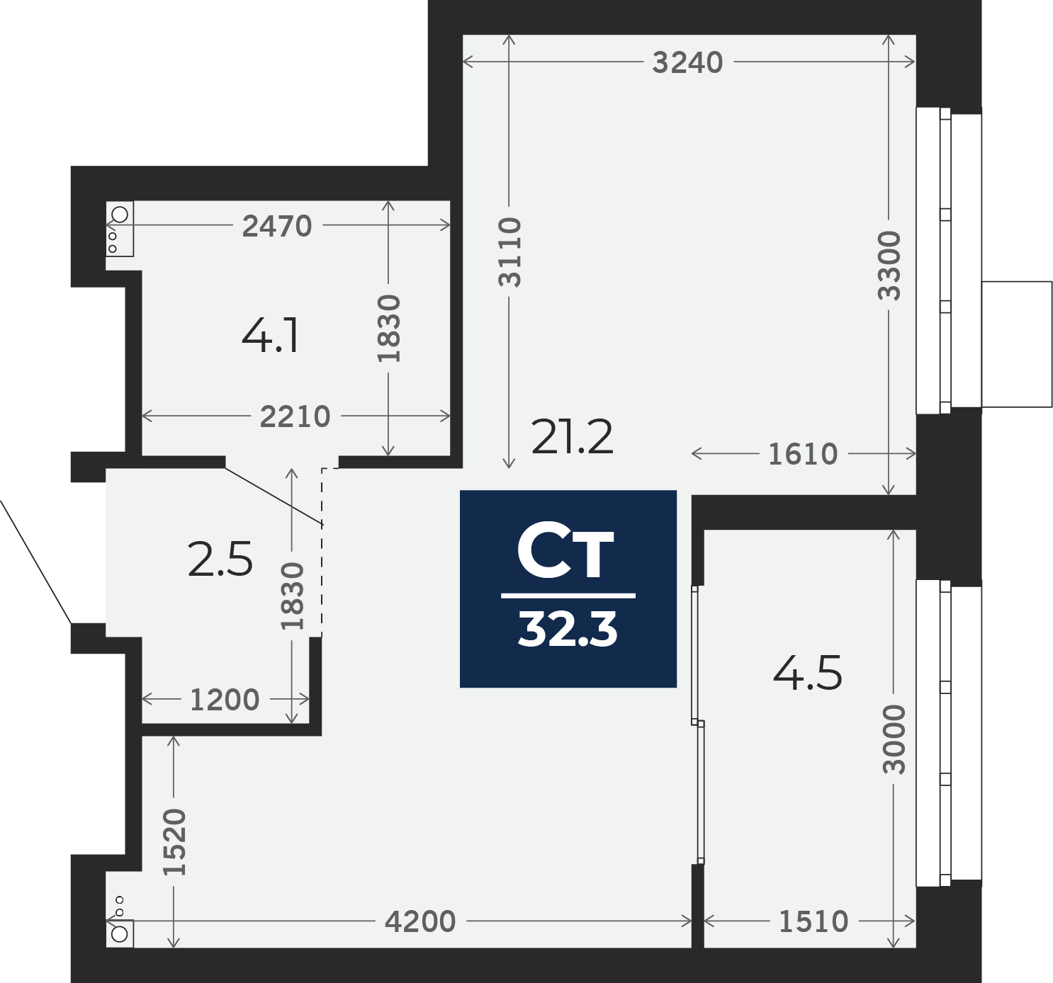 Квартира № 523, Студия, 32.98 кв. м, 17 этаж