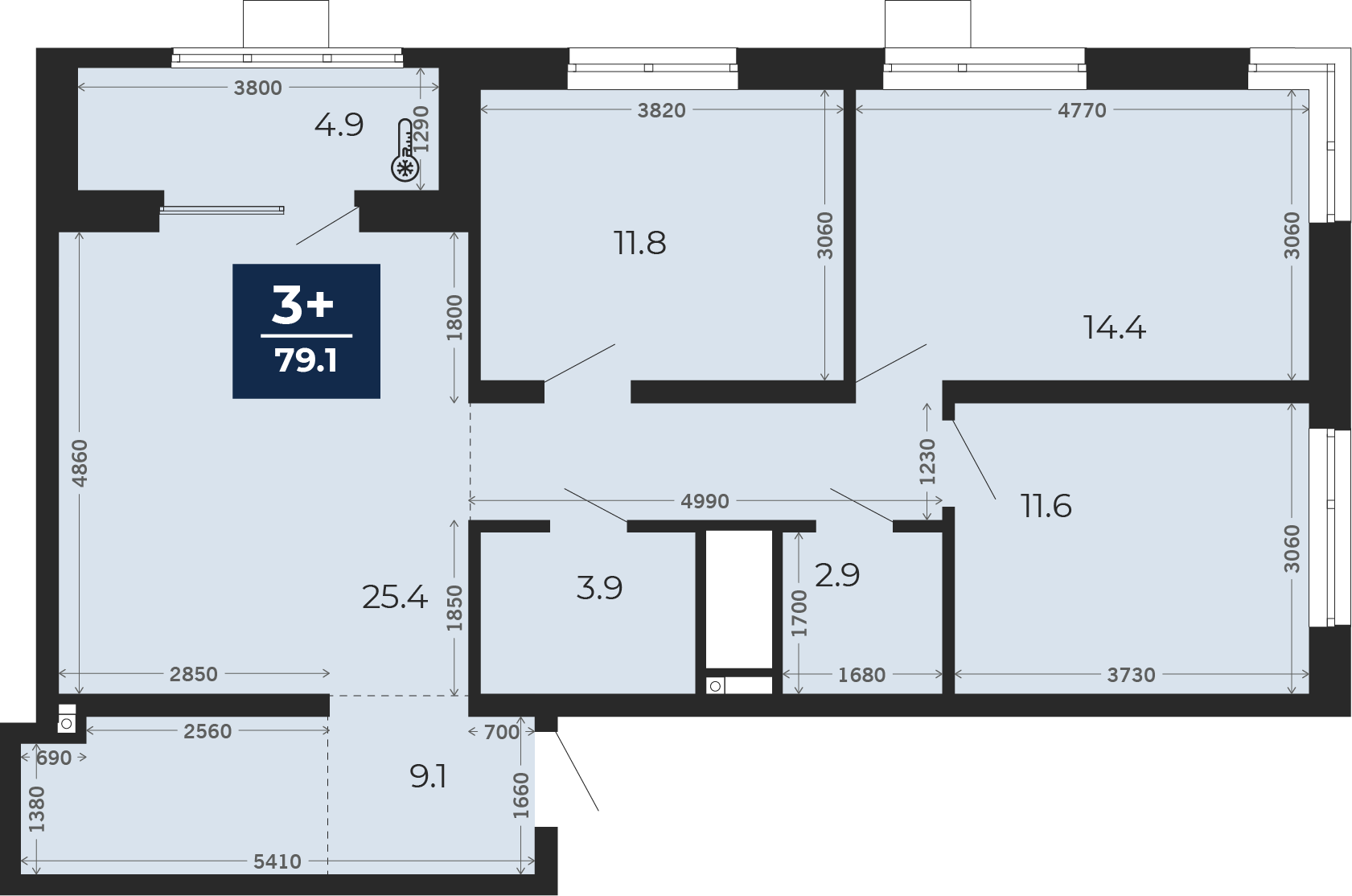 Квартира № 113, 3-комнатная, 85.5 кв. м, 16 этаж