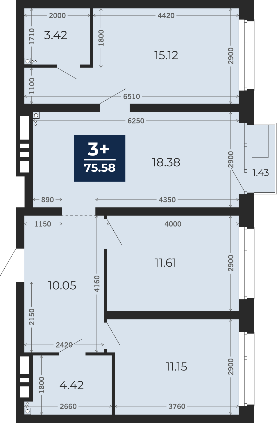 Квартира № 391, 3-комнатная, 75.58 кв. м, 14 этаж