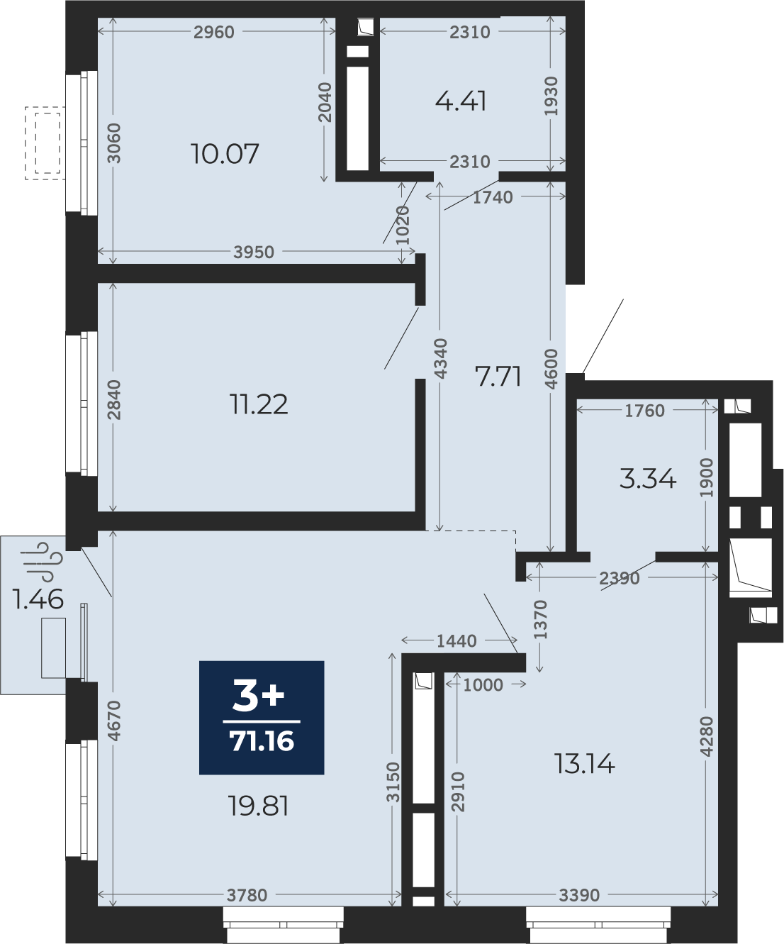 Квартира № 137, 3-комнатная, 71.16 кв. м, 21 этаж