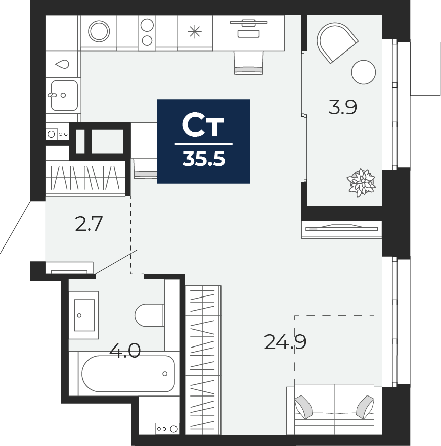 Квартира № 235, Студия, 36.1 кв. м, 3 этаж