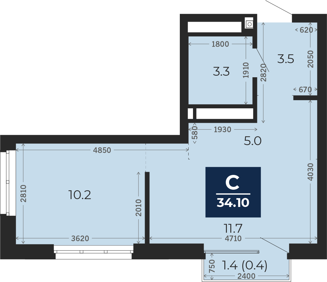 Квартира № 83, Студия, 35.1 кв. м, 16 этаж