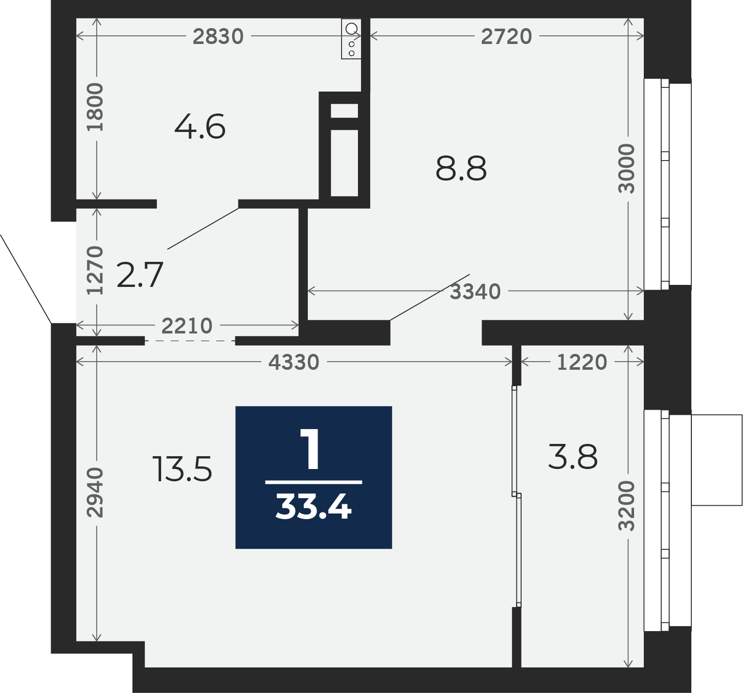 Квартира № 423, 1-комнатная, 33.96 кв. м, 12 этаж