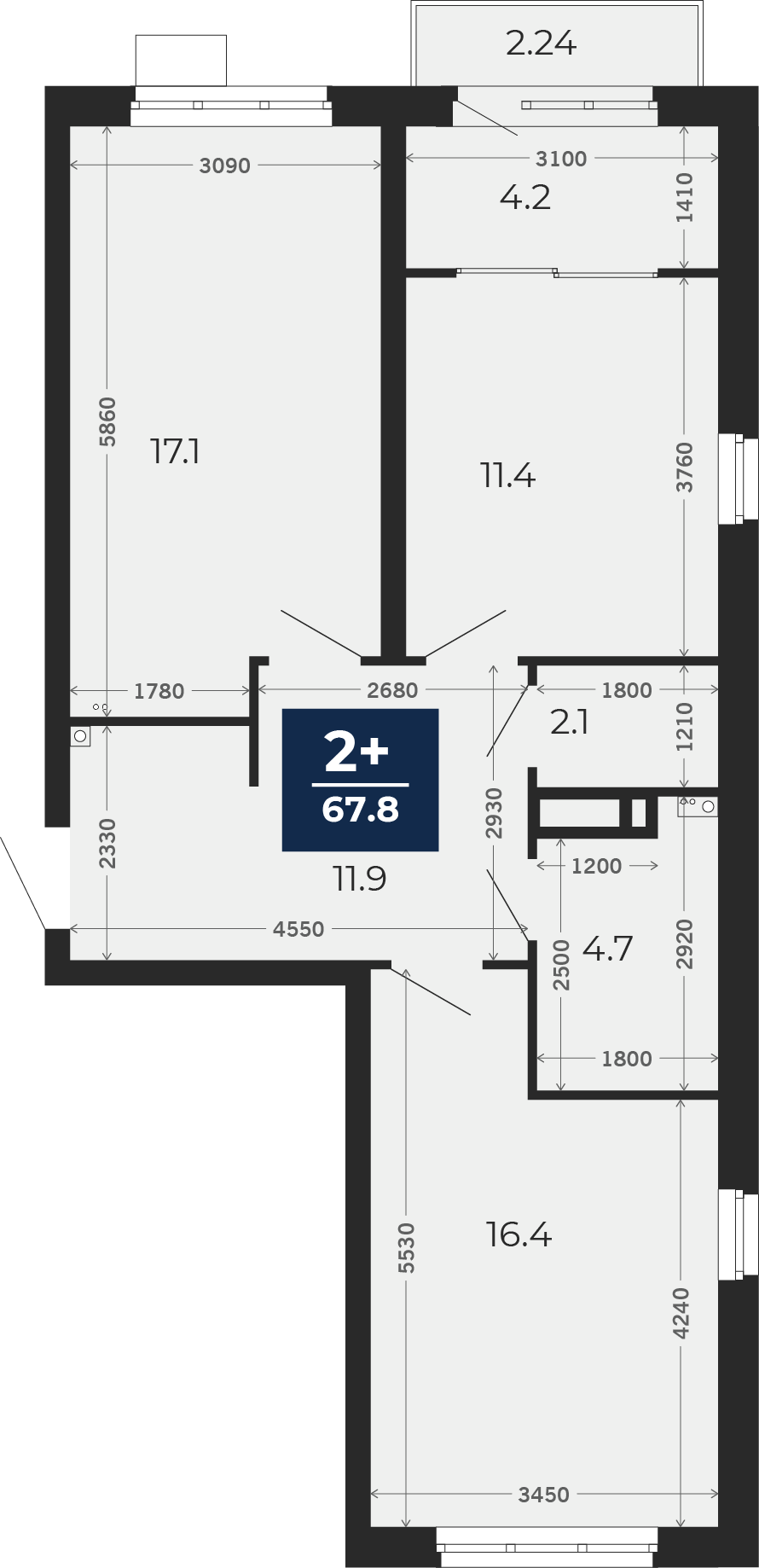 Квартира № 401, 2-комнатная, 71.23 кв. м, 16 этаж