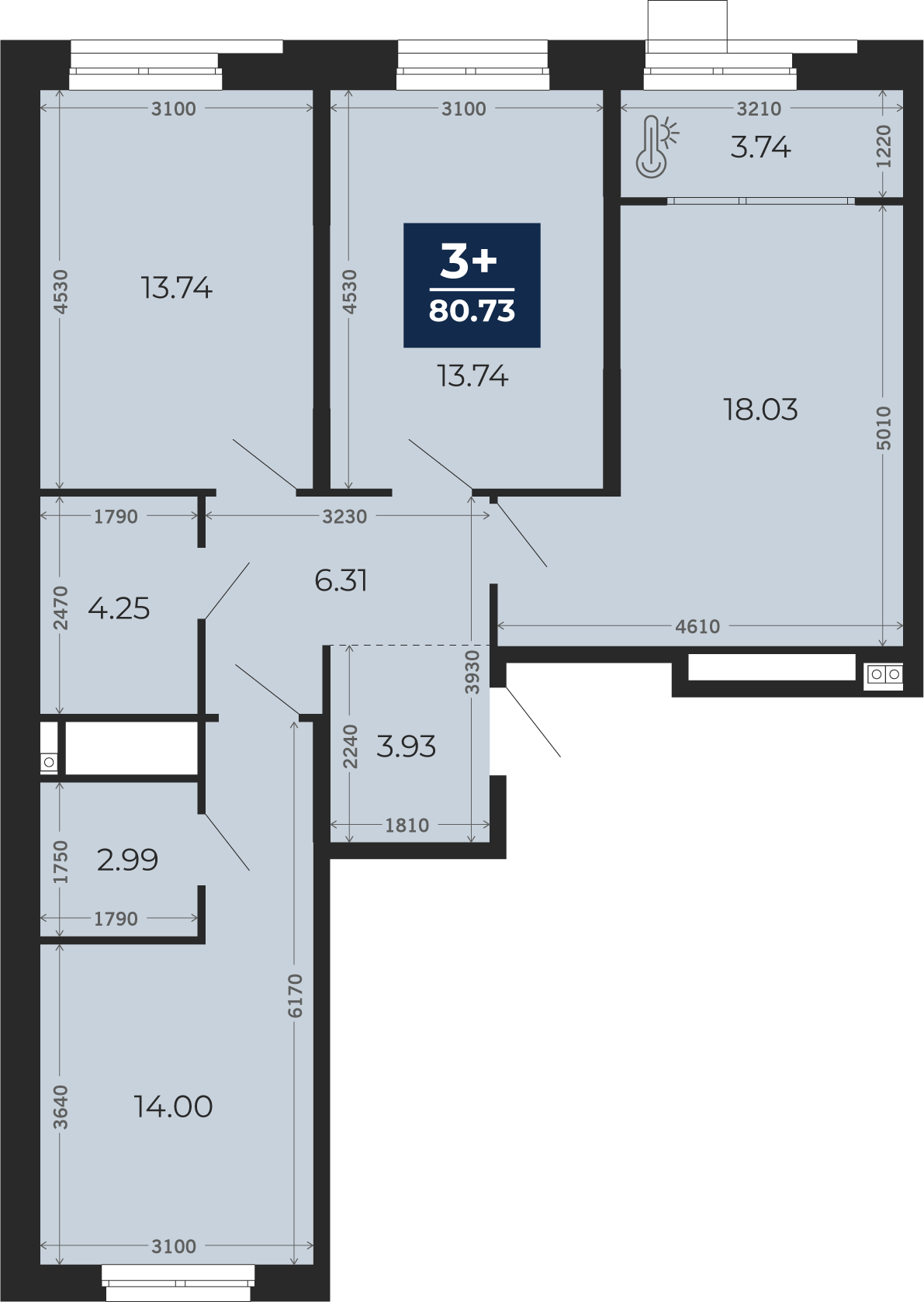 Квартира № 69, 3-комнатная, 80.73 кв. м, 2 этаж